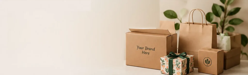 Kraft boxes, paper bags and gift box with plants